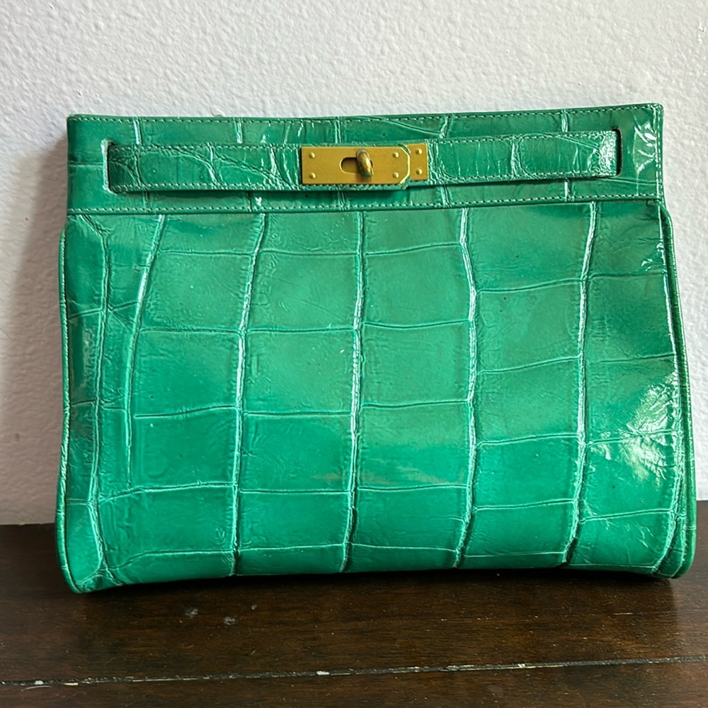 Vintage Green I. Magnin Italian Made Clutch Bag Purse Handbag. 10”x8”x2”